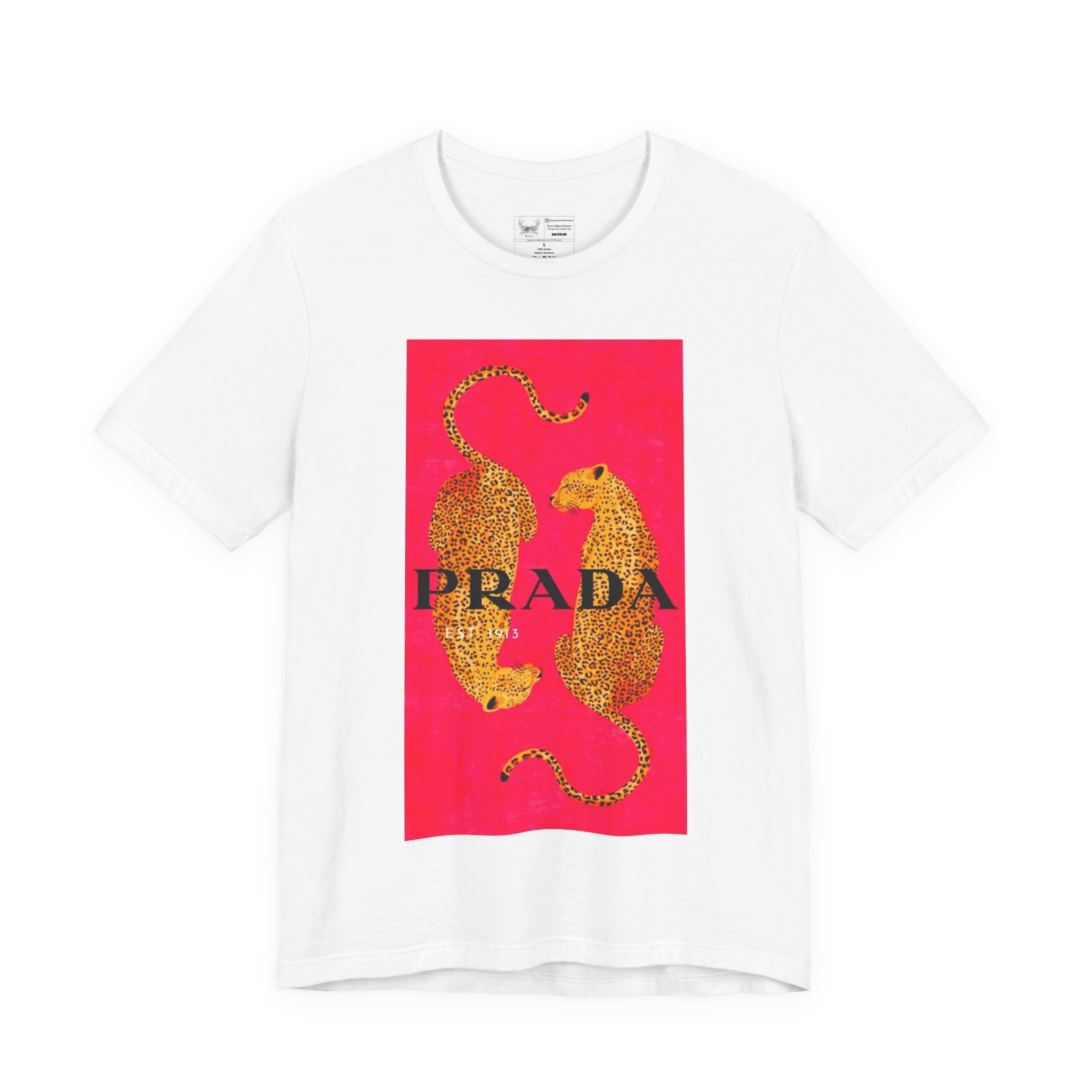 Graphic Tee - Gold Leopard Mirrored Design with 'PRADA' Text