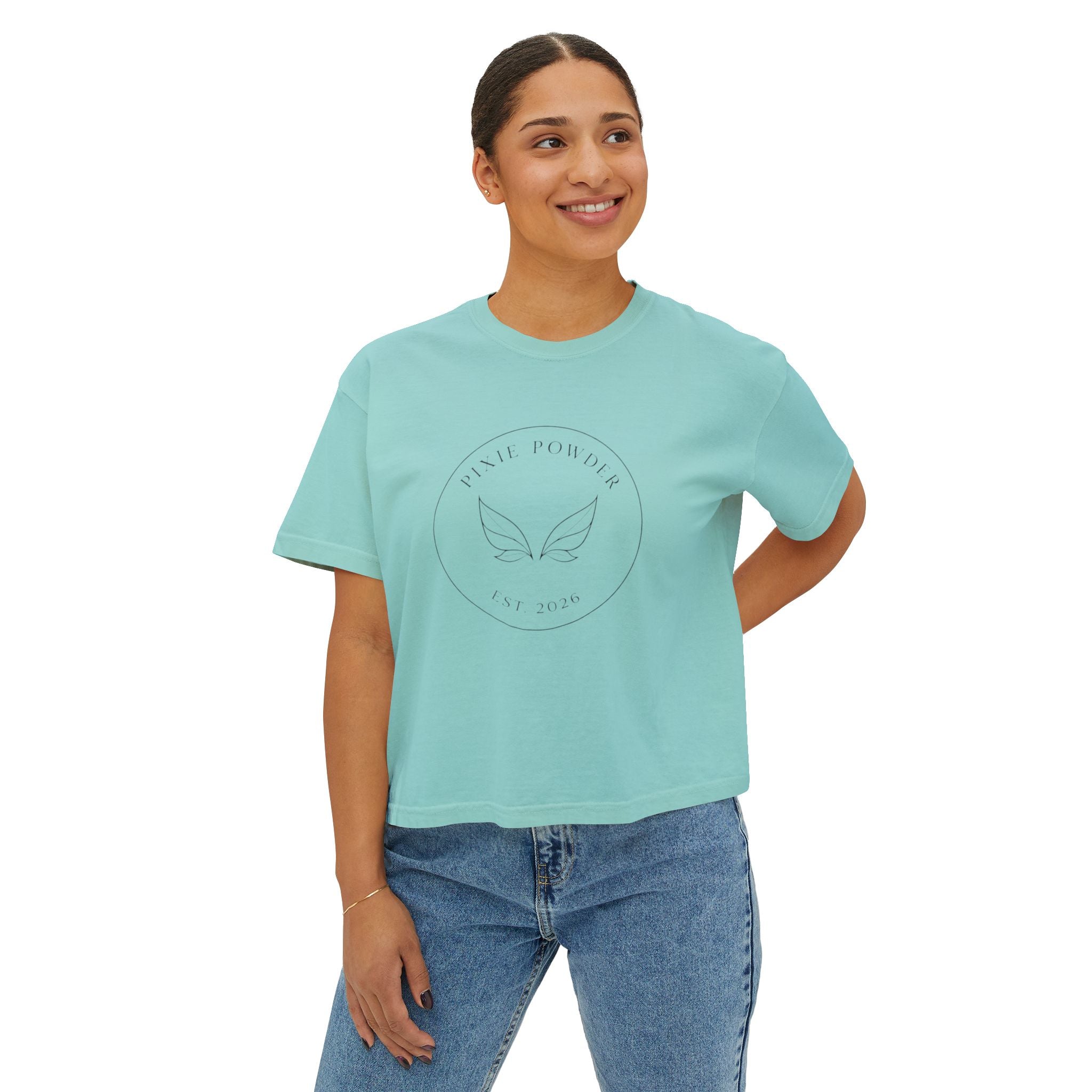 Pixie Powder Boxy Tee — Women's Fairy Logo Crop T-Shirt