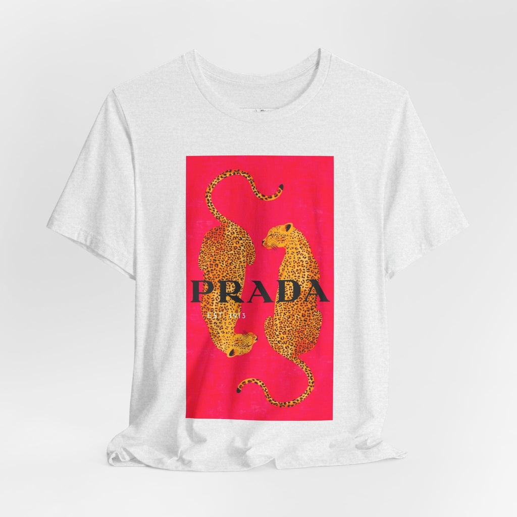 Graphic Tee - Gold Leopard Mirrored Design with 'PRADA' Text