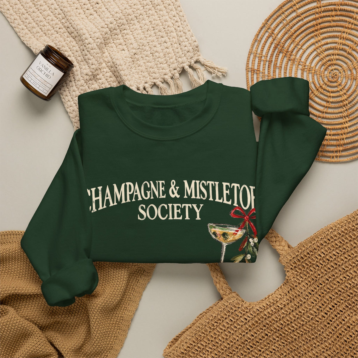 Champagne & Mistletoe Holiday Graphic — Crewneck Sweatshirt