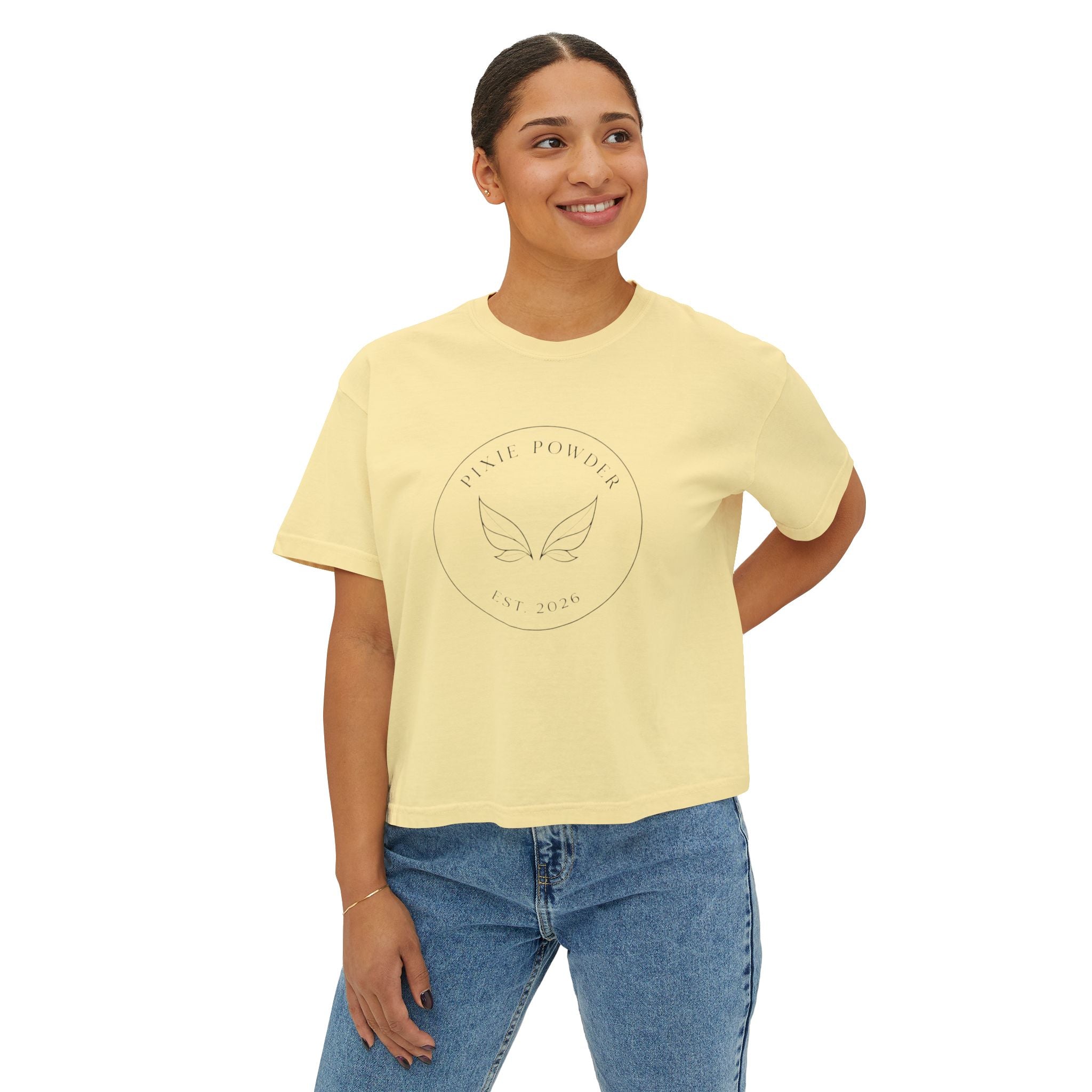 Pixie Powder Boxy Tee — Women's Fairy Logo Crop T-Shirt