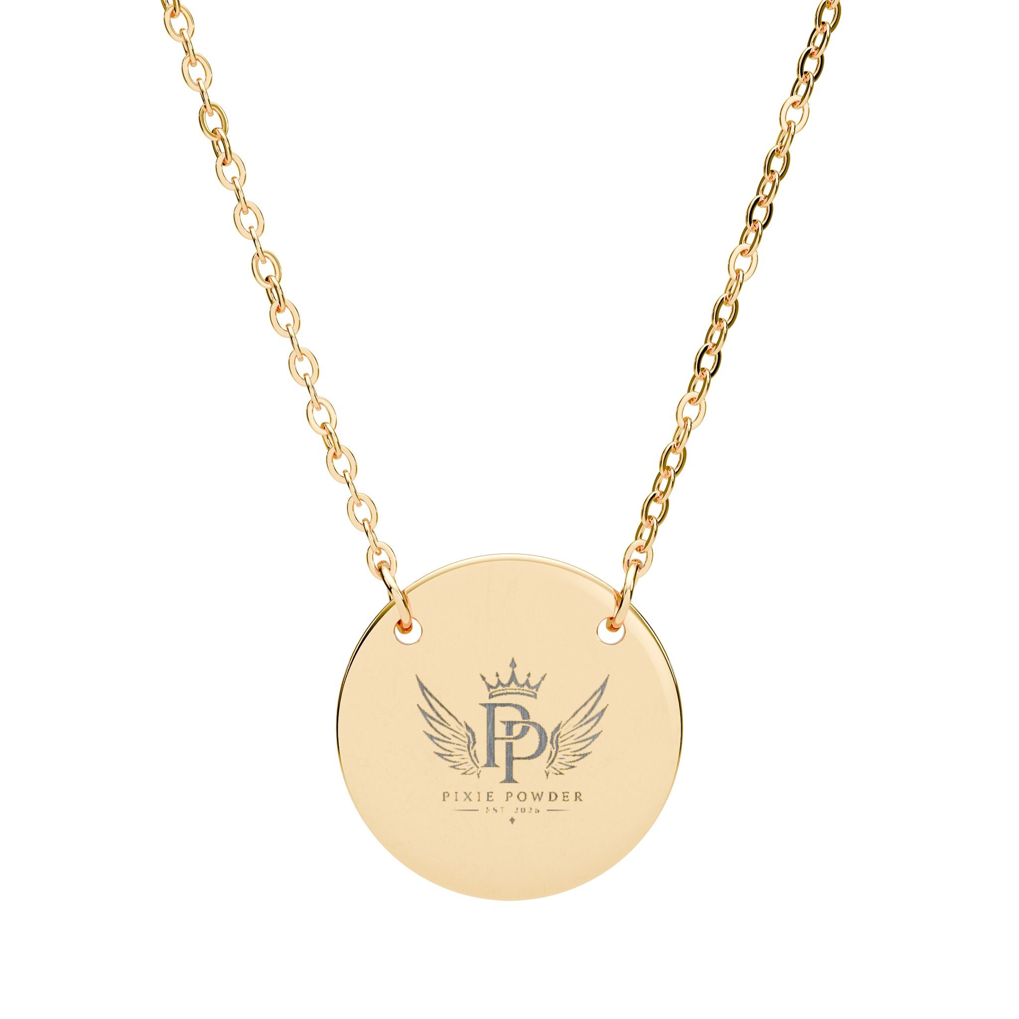Engraved Circle Pendant Necklace — Pixie Powder Crown & Wings