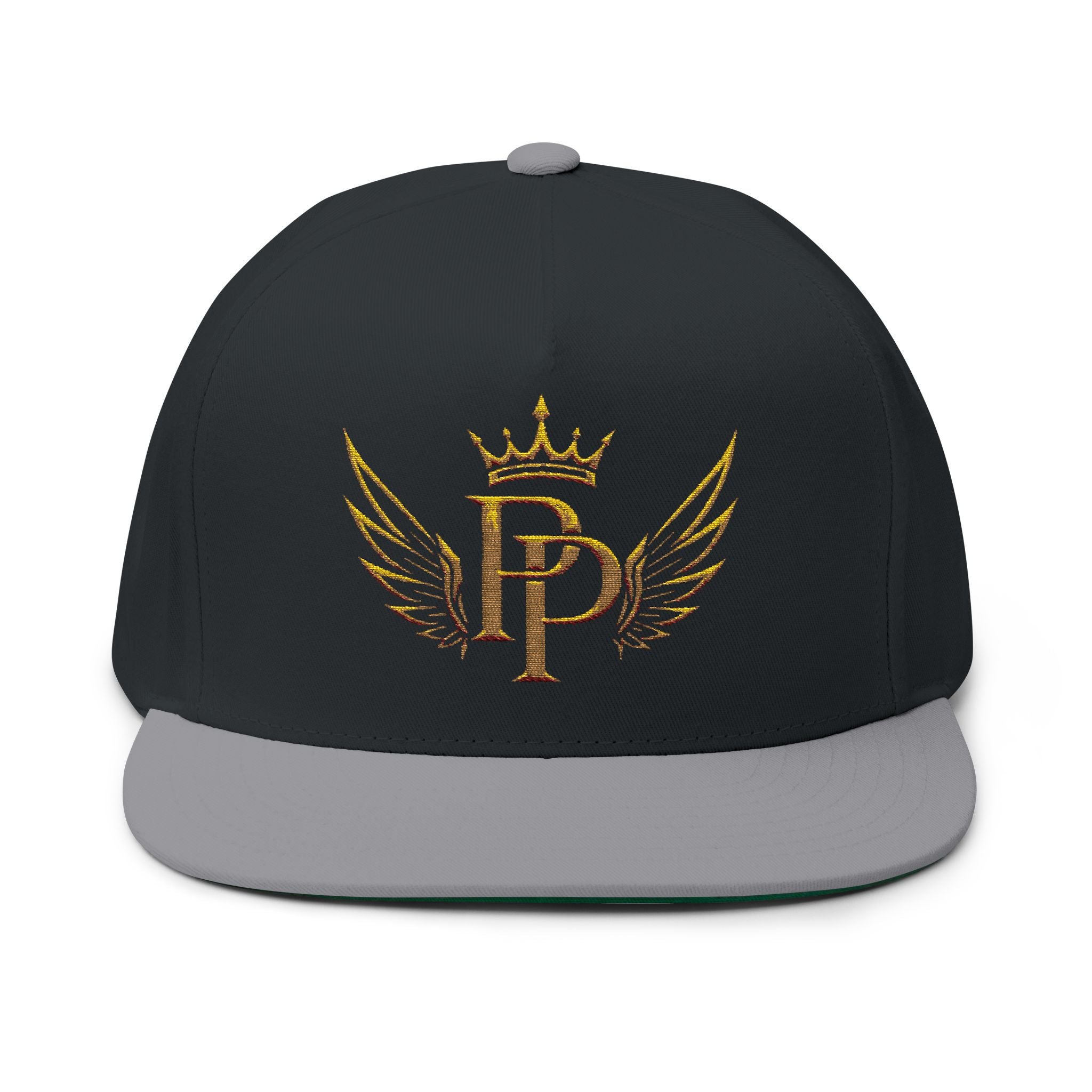 Embroidered Gold Crown Wing Snapback Cap — Monogram 'P' Flat Bill Hat