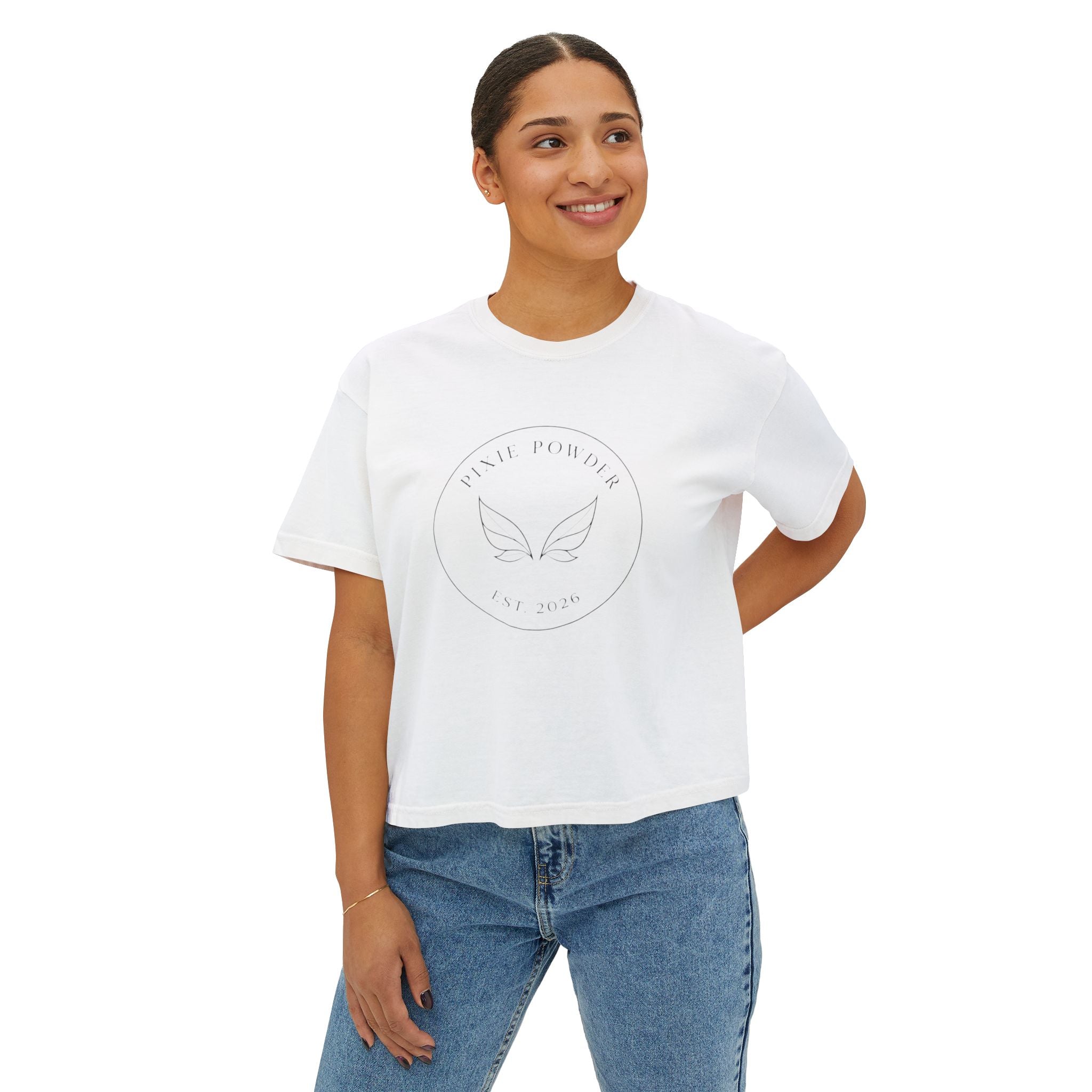 Pixie Powder Boxy Tee — Women's Fairy Logo Crop T-Shirt
