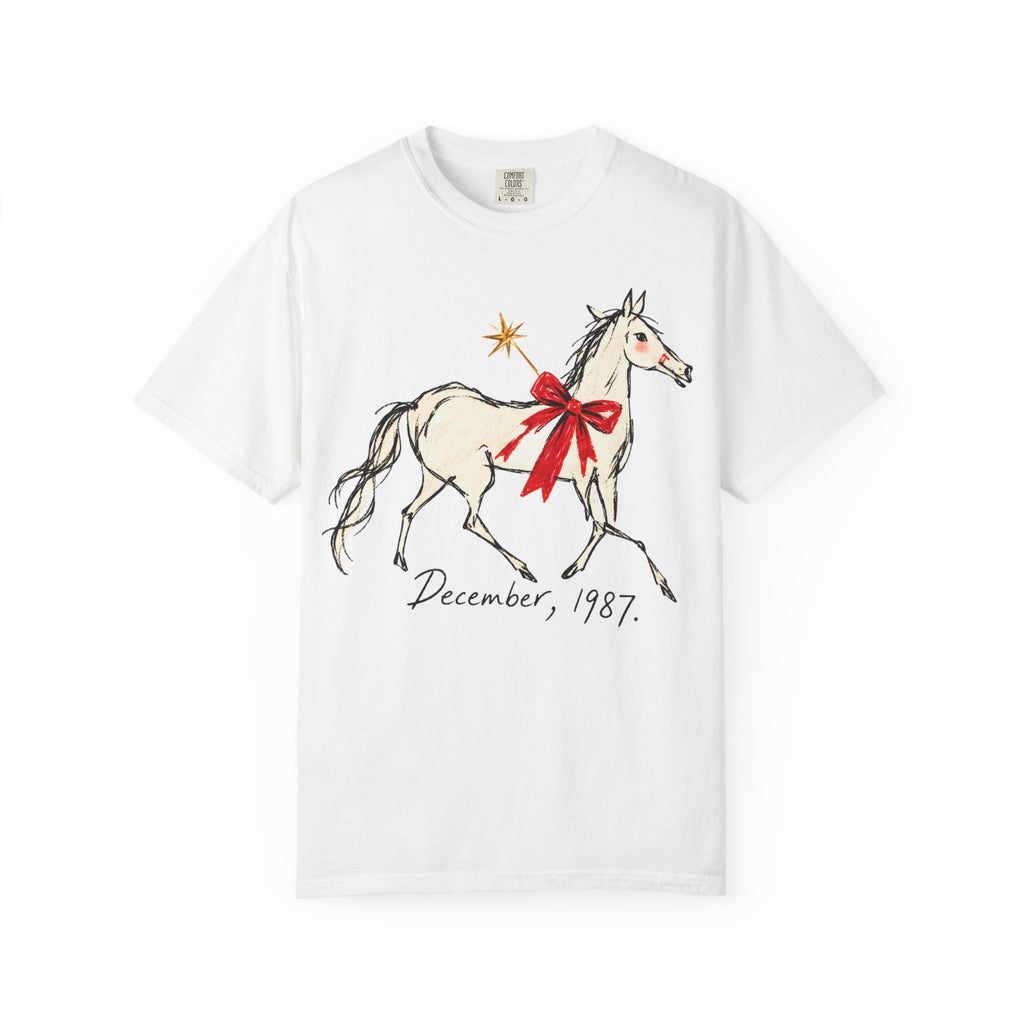 Christmas December 1987 Horse Tee — Vintage Holiday Horse T-Shirt with Red Bow