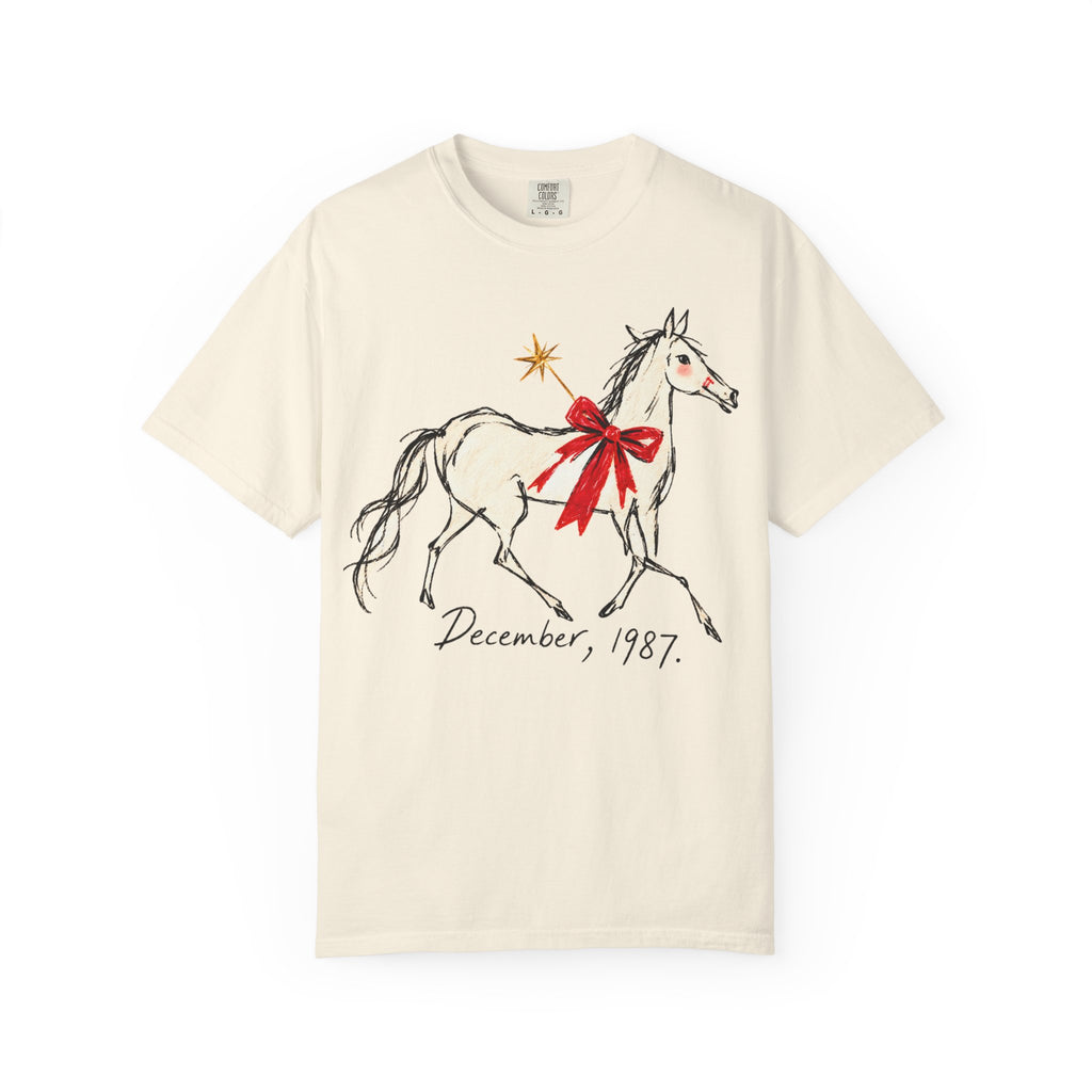 Christmas December 1987 Horse Tee — Vintage Holiday Horse T-Shirt with Red Bow