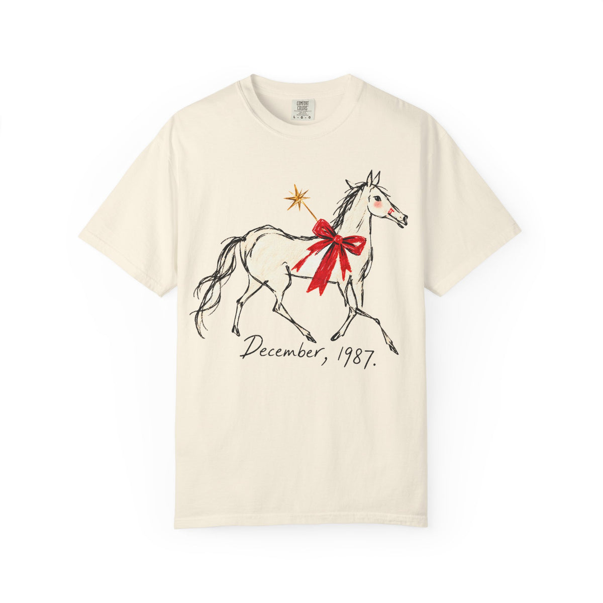 Christmas December 1987 Horse Tee — Vintage Holiday Horse T-Shirt with Red Bow