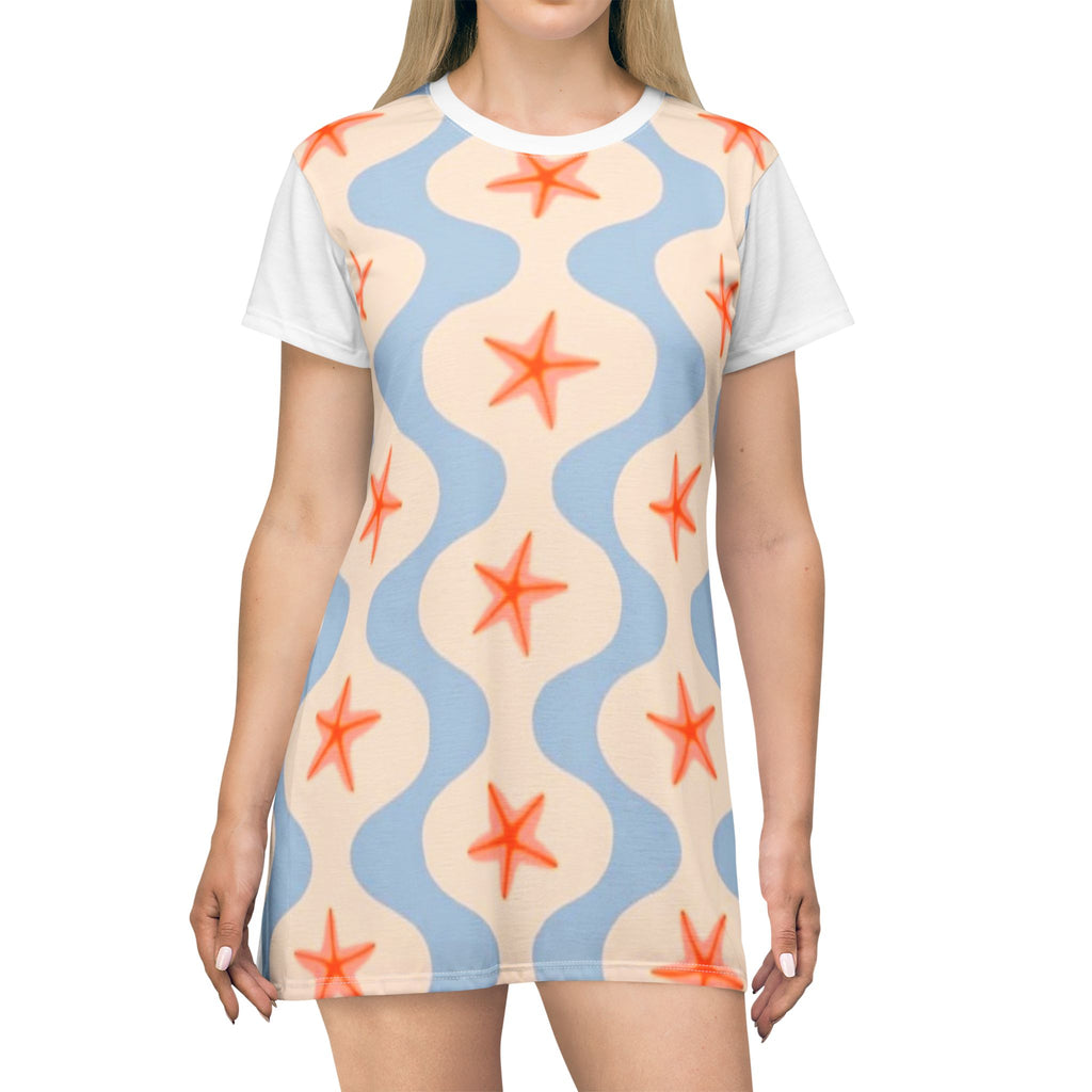 Starfish Wave T-Shirt Dress — Coastal Summer AOP Beachwear