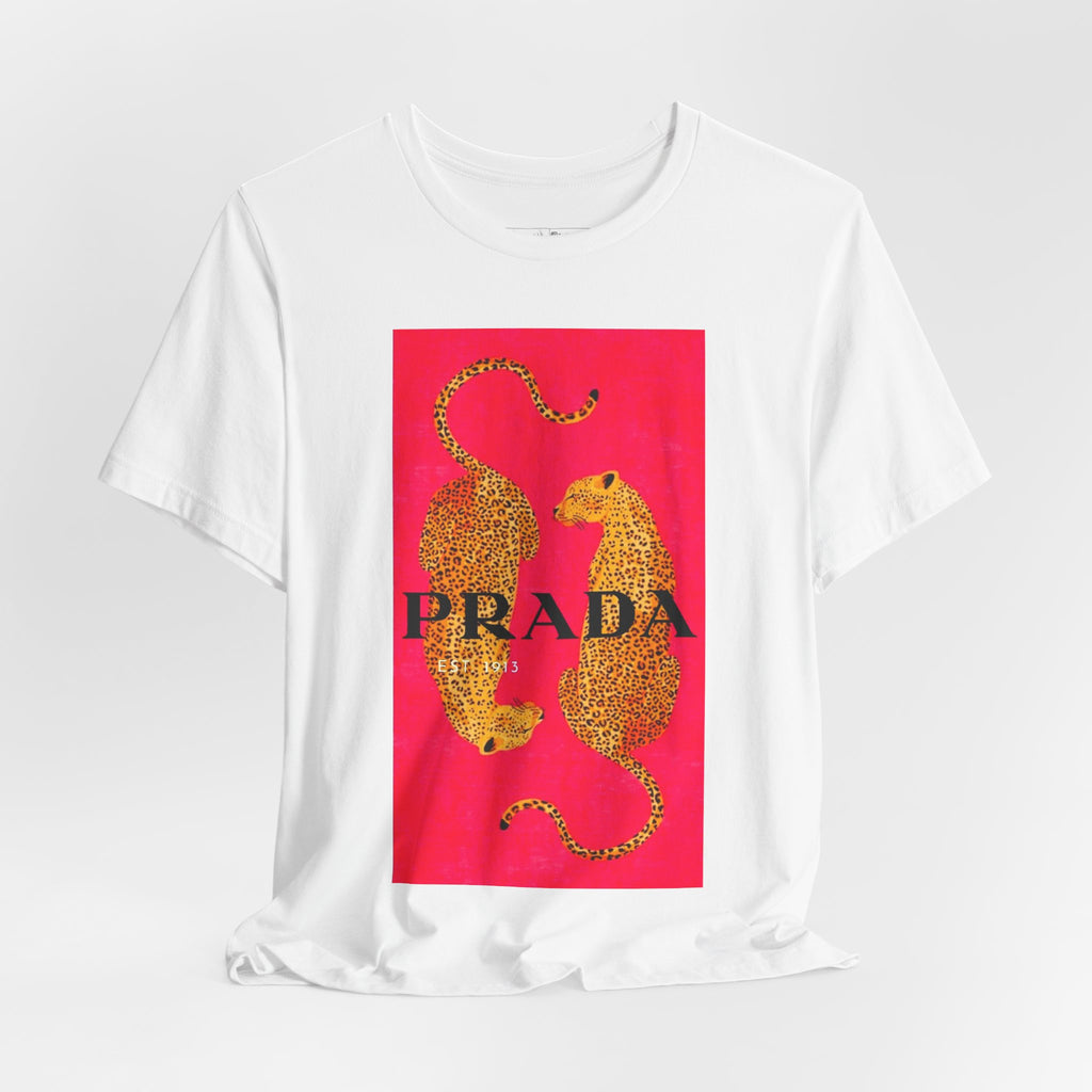 Graphic Tee - Gold Leopard Mirrored Design with 'PRADA' Text