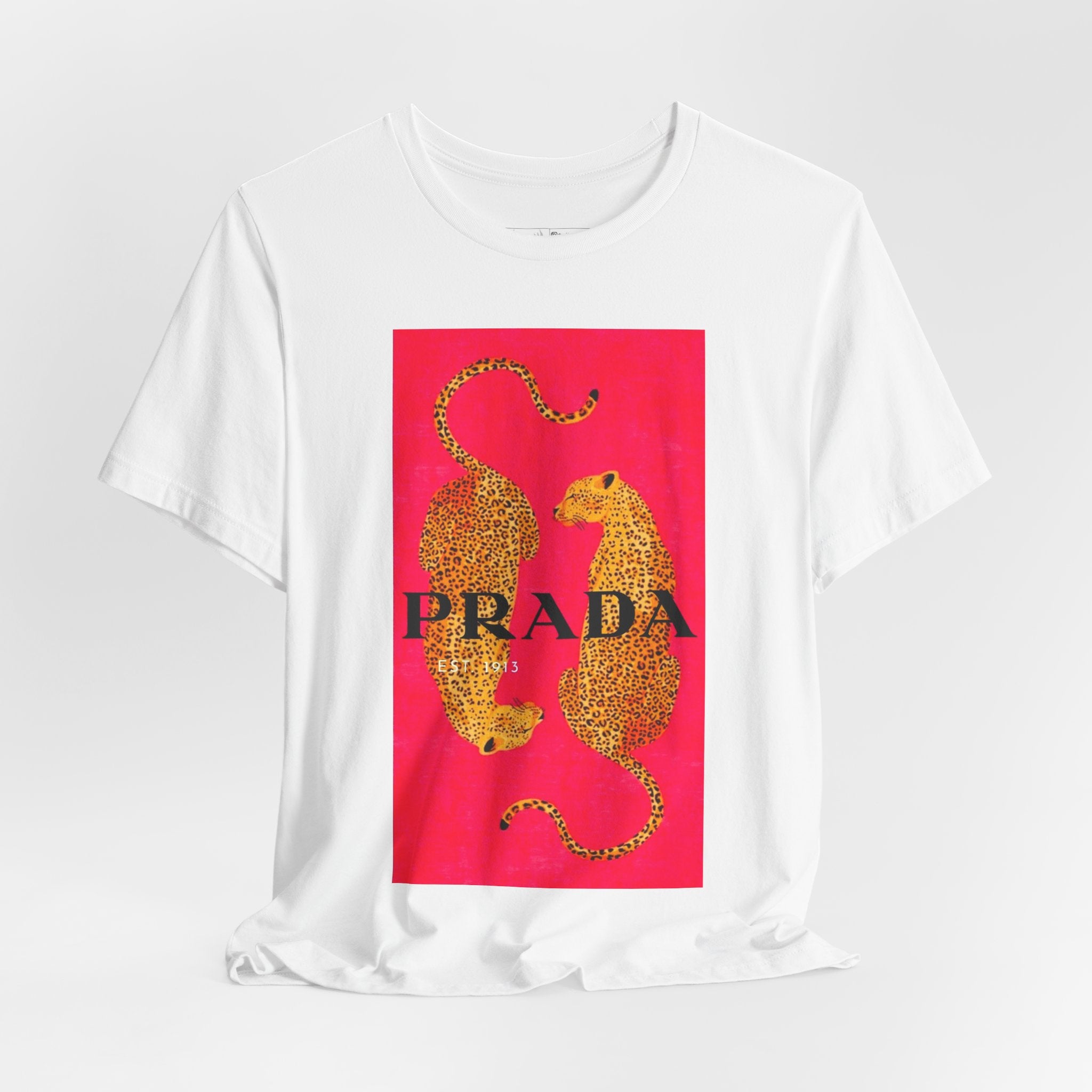 Graphic Tee - Gold Leopard Mirrored Design with 'PRADA' Text