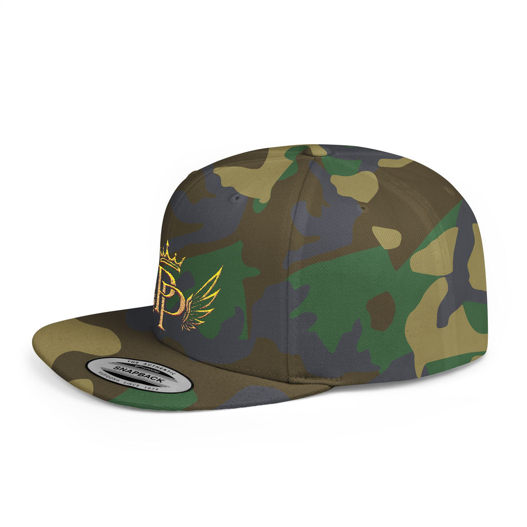 Snapback Hat — Gold Crown & Wings Monogram "P" Embroidered Flat Bill