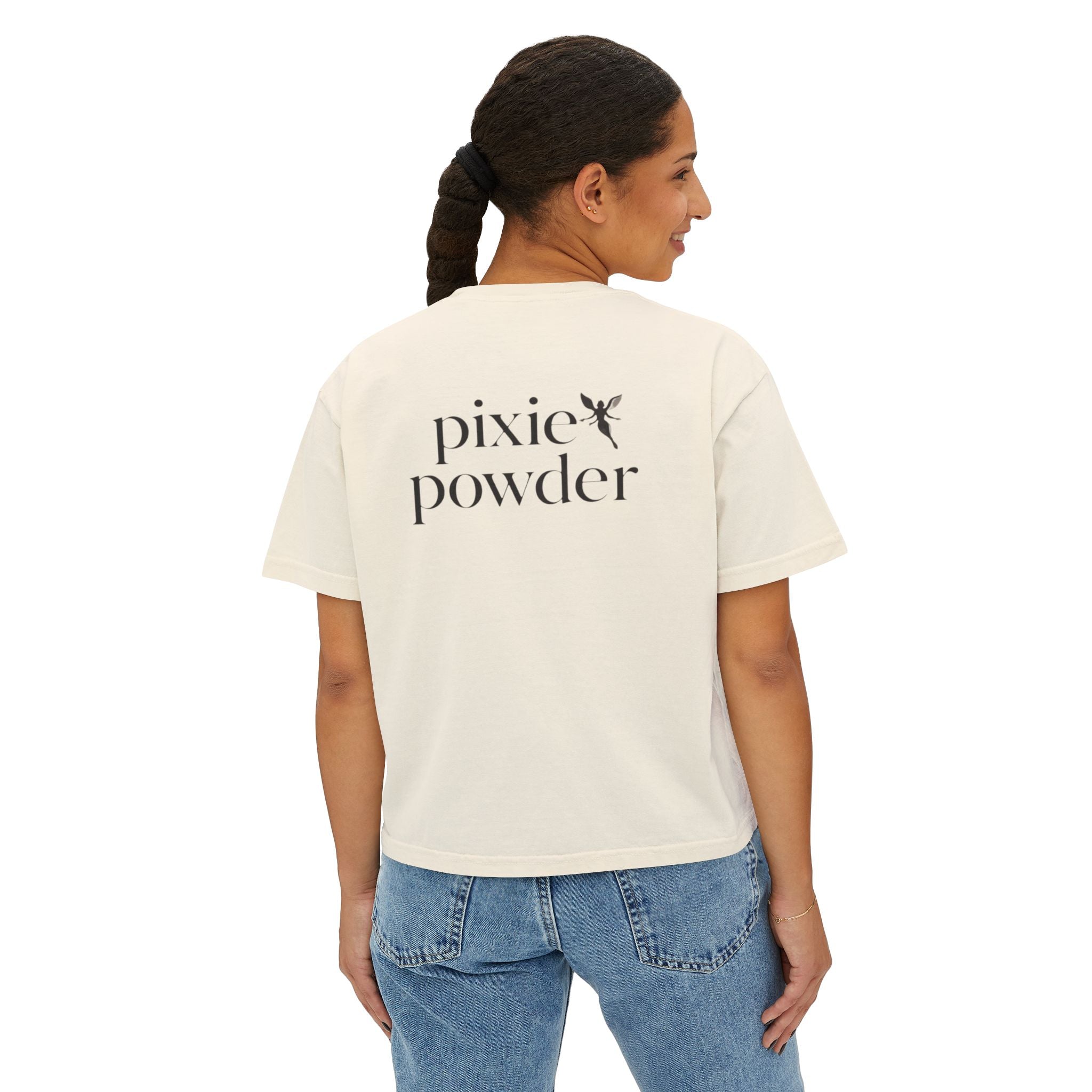Pixie Powder Boxy Tee — Women's Fairy Logo Crop T-Shirt