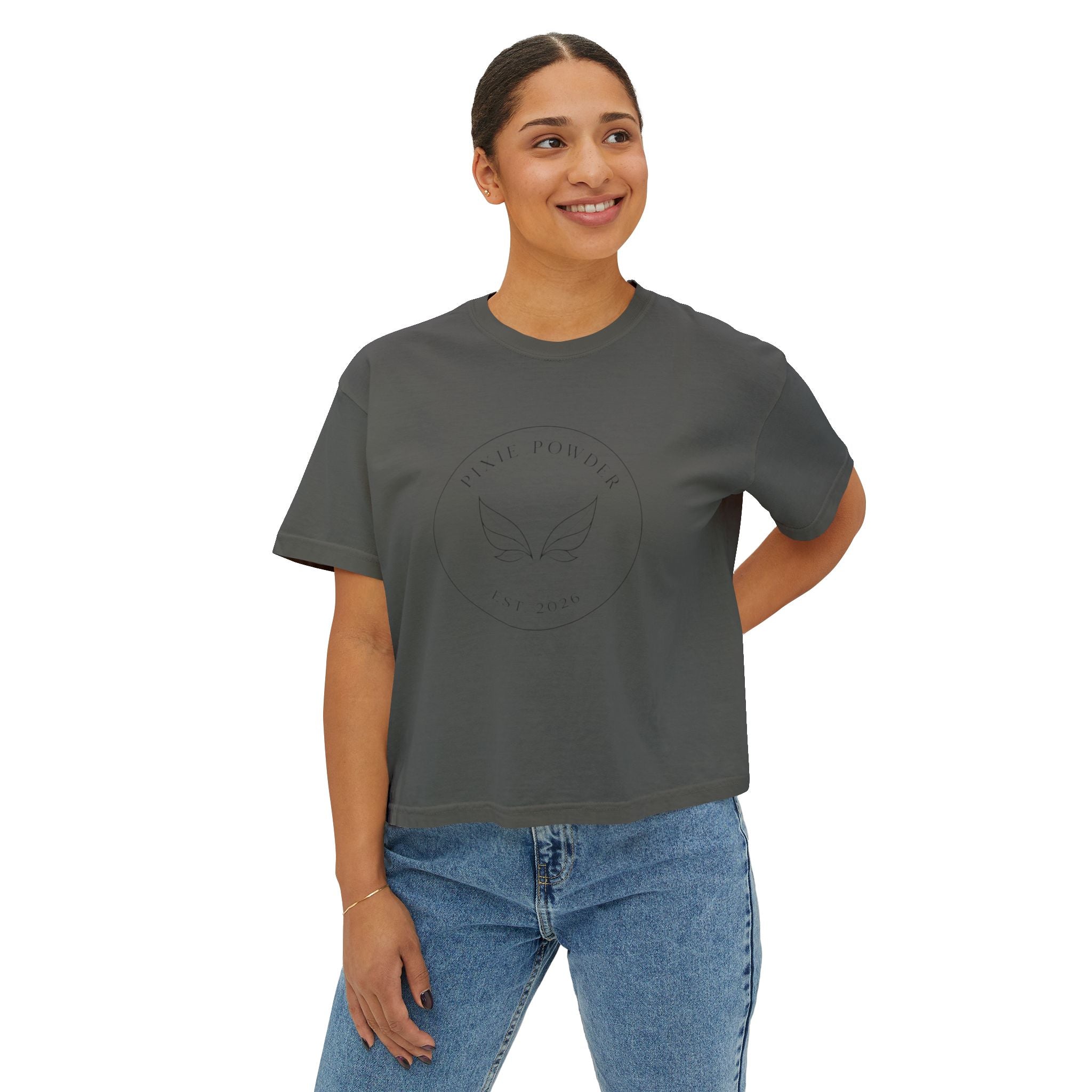 Pixie Powder Boxy Tee — Women's Fairy Logo Crop T-Shirt