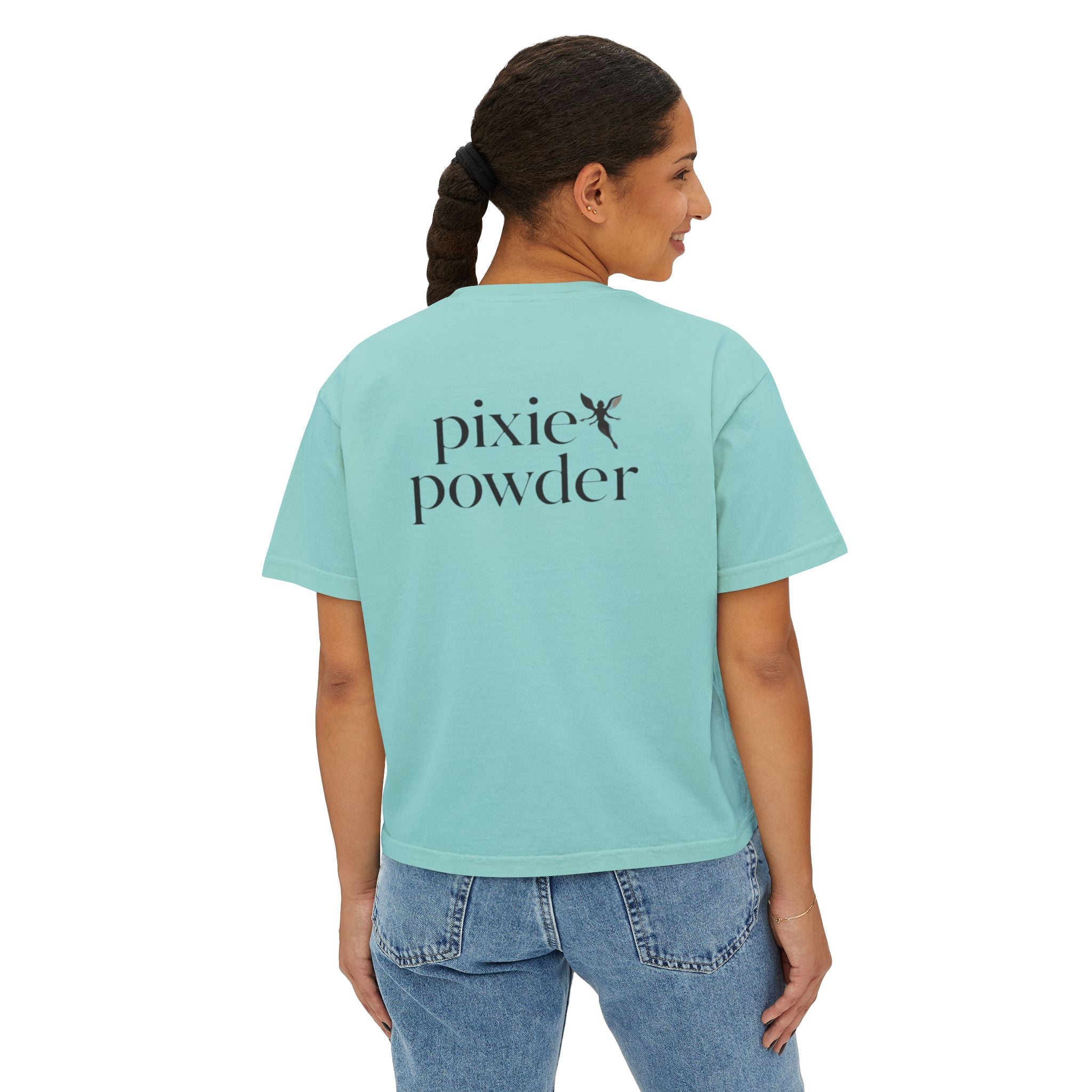 Pixie Powder Boxy Tee — Women's Fairy Logo Crop T-Shirt