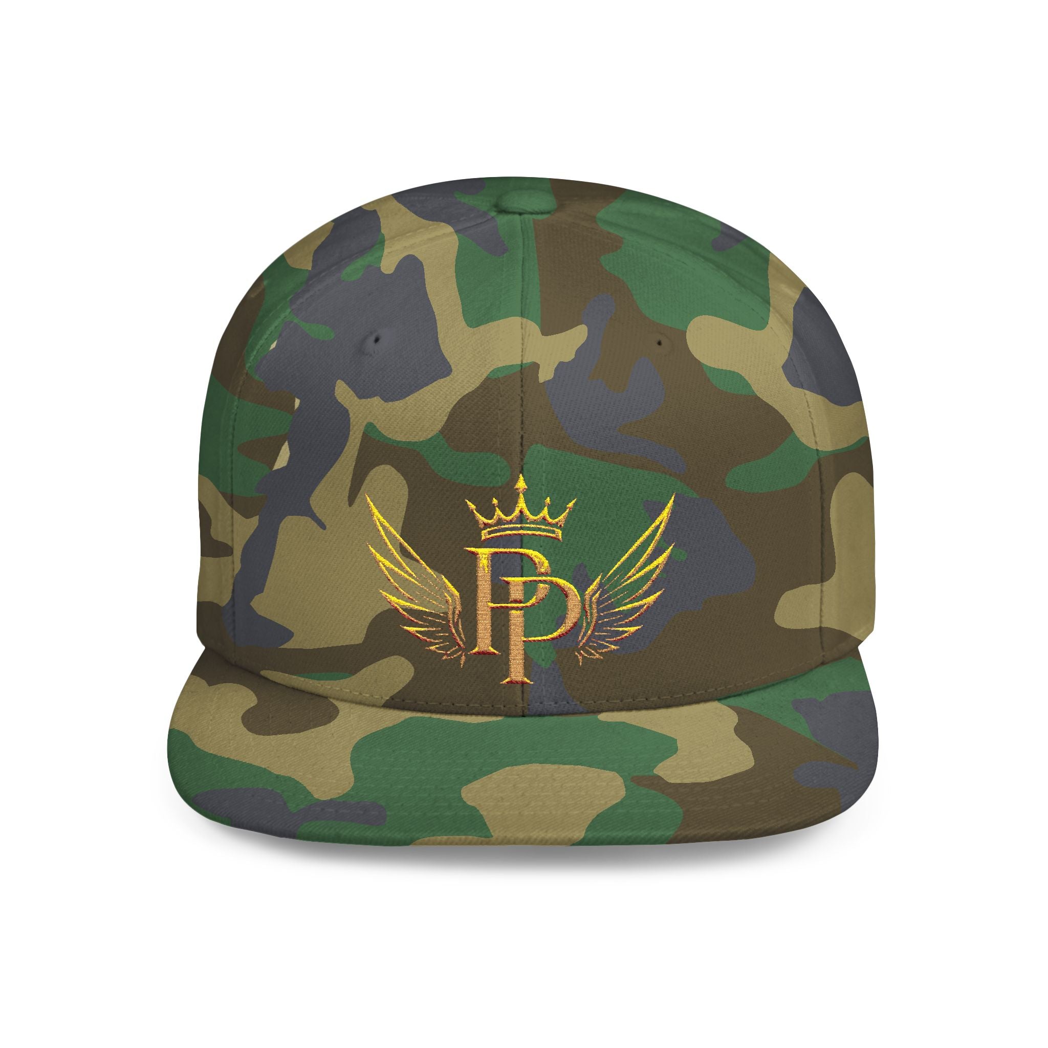 Snapback Hat — Gold Crown & Wings Monogram "P" Embroidered Flat Bill