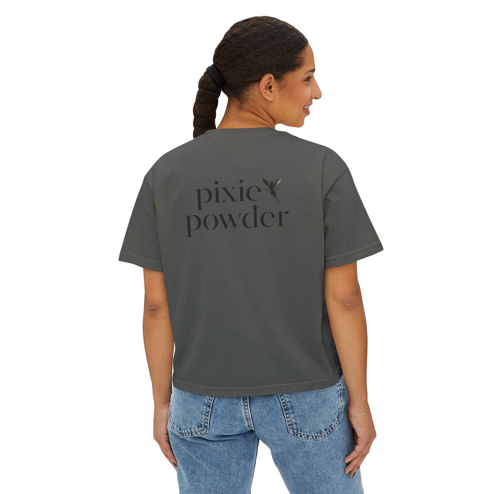 Pixie Powder Boxy Tee — Women's Fairy Logo Crop T-Shirt