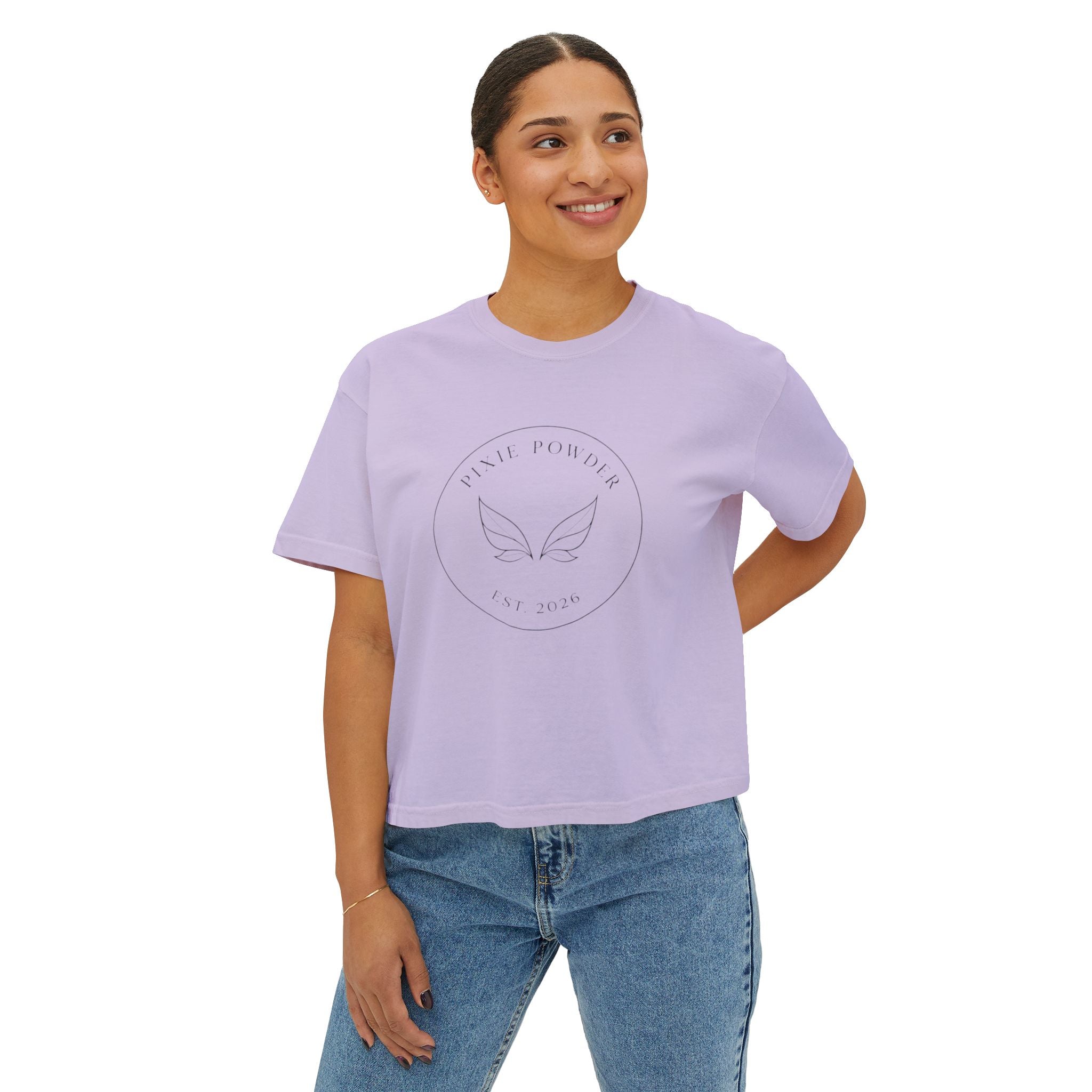 Pixie Powder Boxy Tee — Women's Fairy Logo Crop T-Shirt