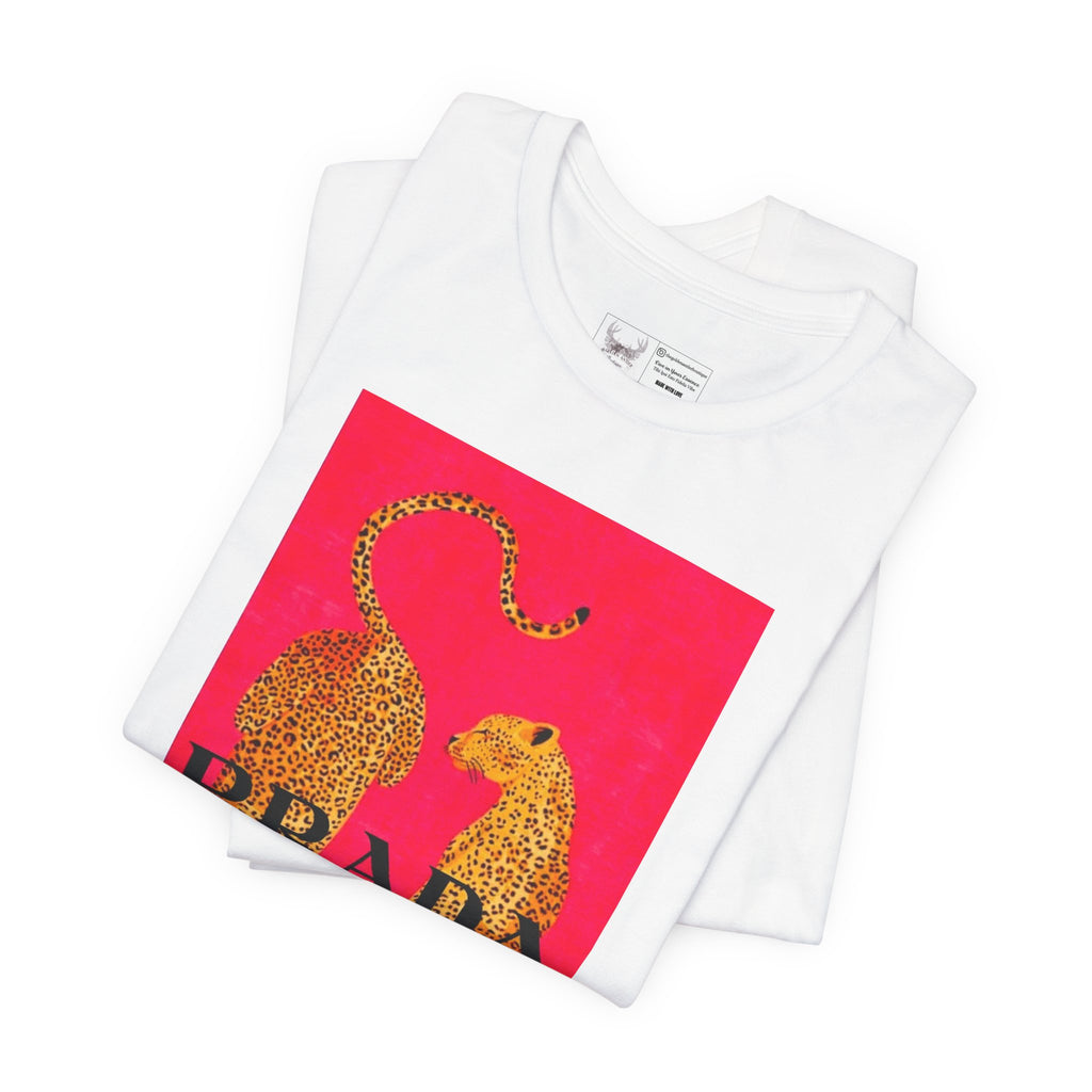 Graphic Tee - Gold Leopard Mirrored Design with 'PRADA' Text