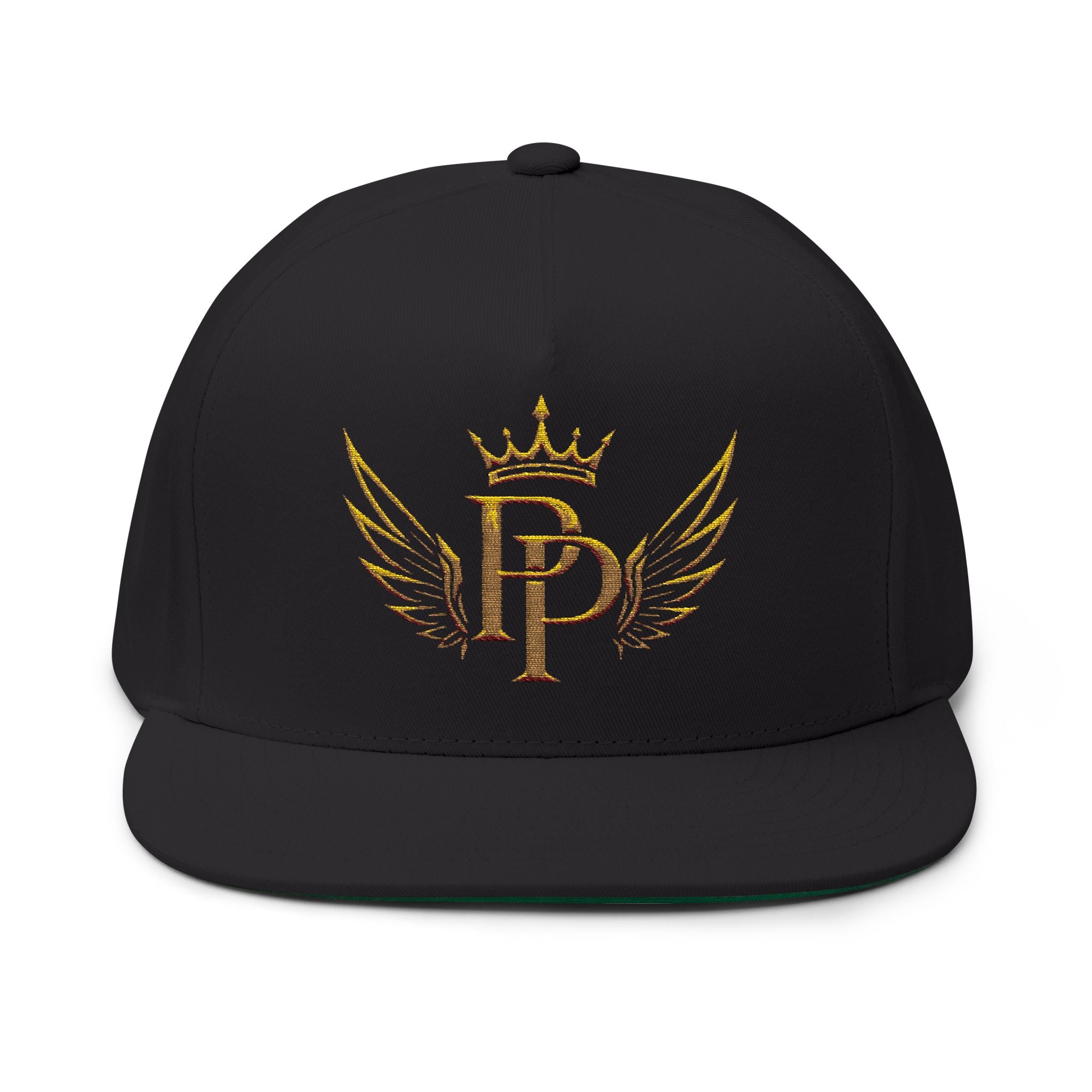 Embroidered Gold Crown Wing Snapback Cap — Monogram 'P' Flat Bill Hat