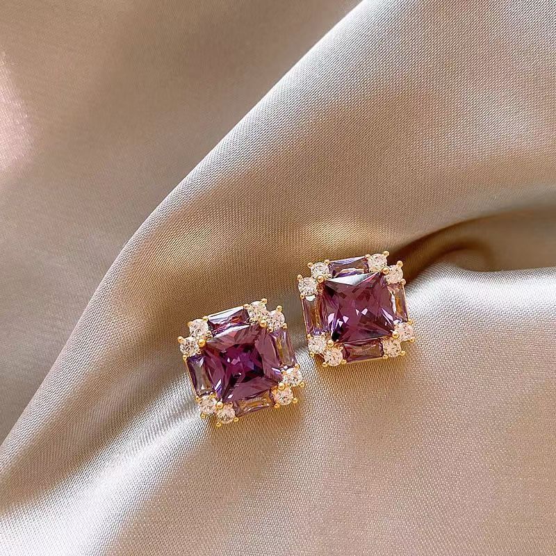 Purple Crystal Rhinestones 14K Gold Plated Earrings