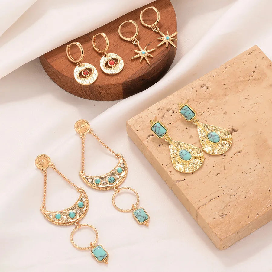 Retro French Style Star Water Droplets 14K Real Gold Earrings