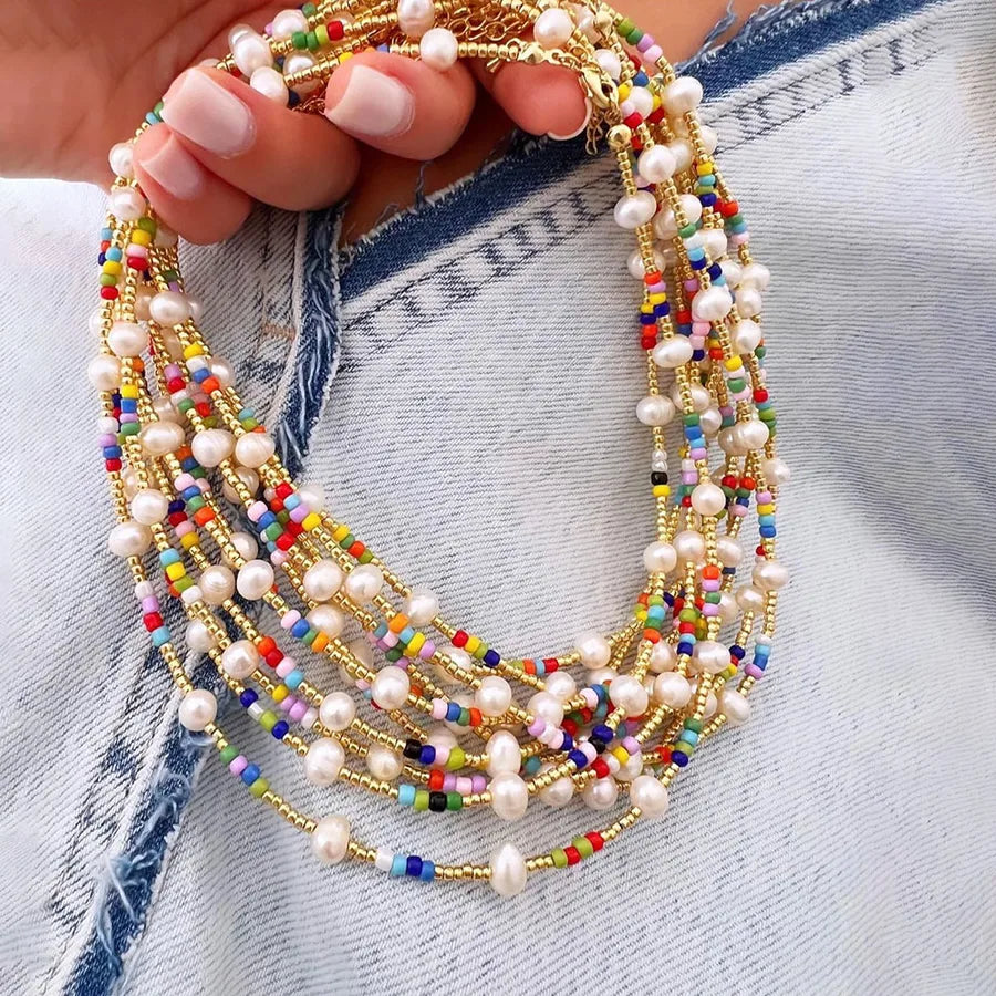 IG Style Bohemian Modern Style Round Freshwater Pearl Glass Beaded Women's Necklace 1 Piece