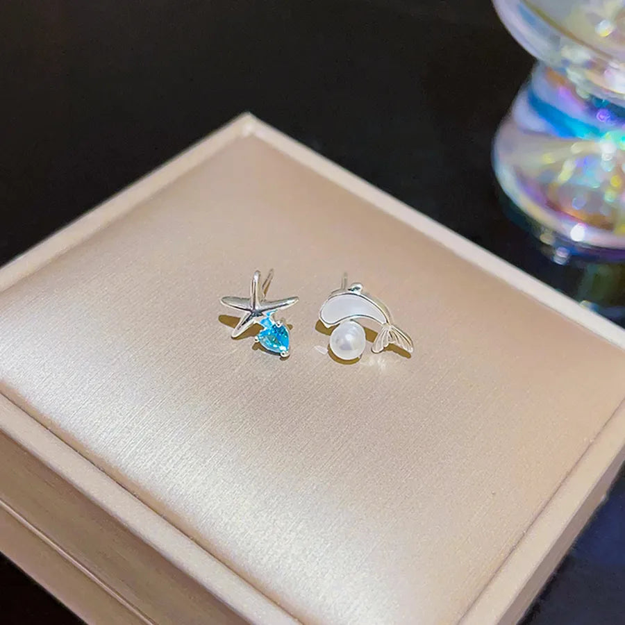 1 Pair Sweet Simple Style Commute Starfish Dolphin Asymmetrical Plating Inlay Alloy Artificial Pearls Rhinestones Ear Studs
