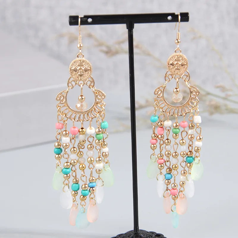 bohemian water droplets tassel alloy resin seed bead women's drop earrings