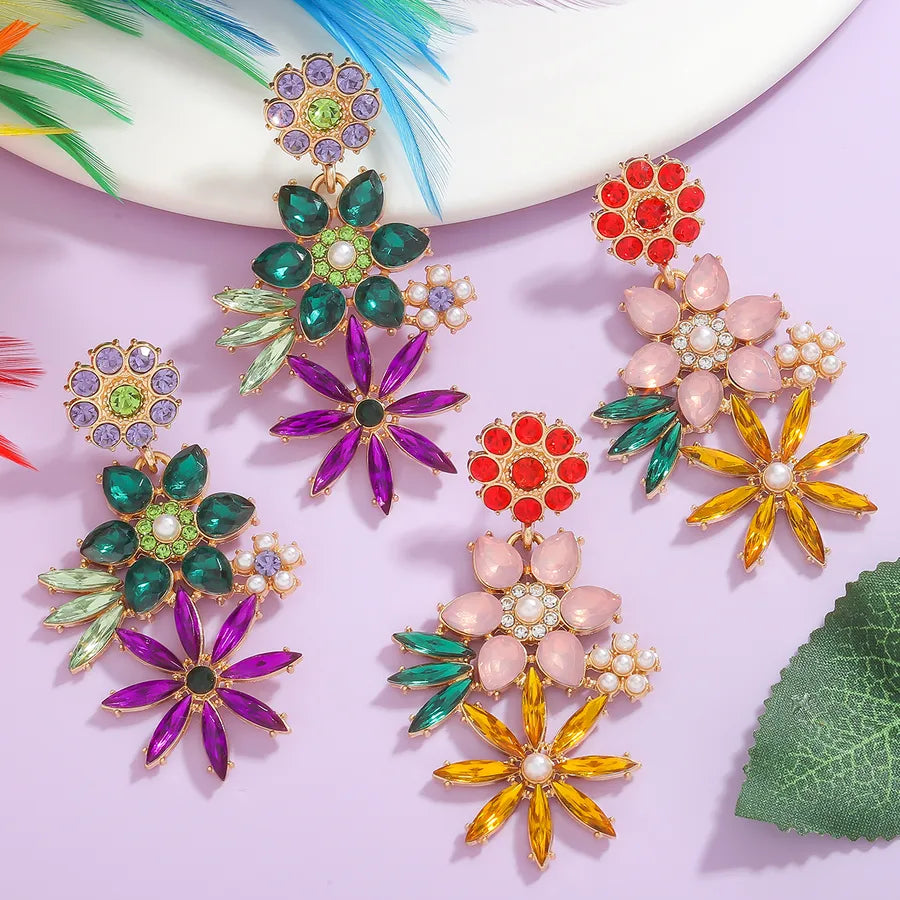 1 Pair Vacation Shiny Flower Synthetic Gemstones Imitation Diamond Alloy Drop Earrings