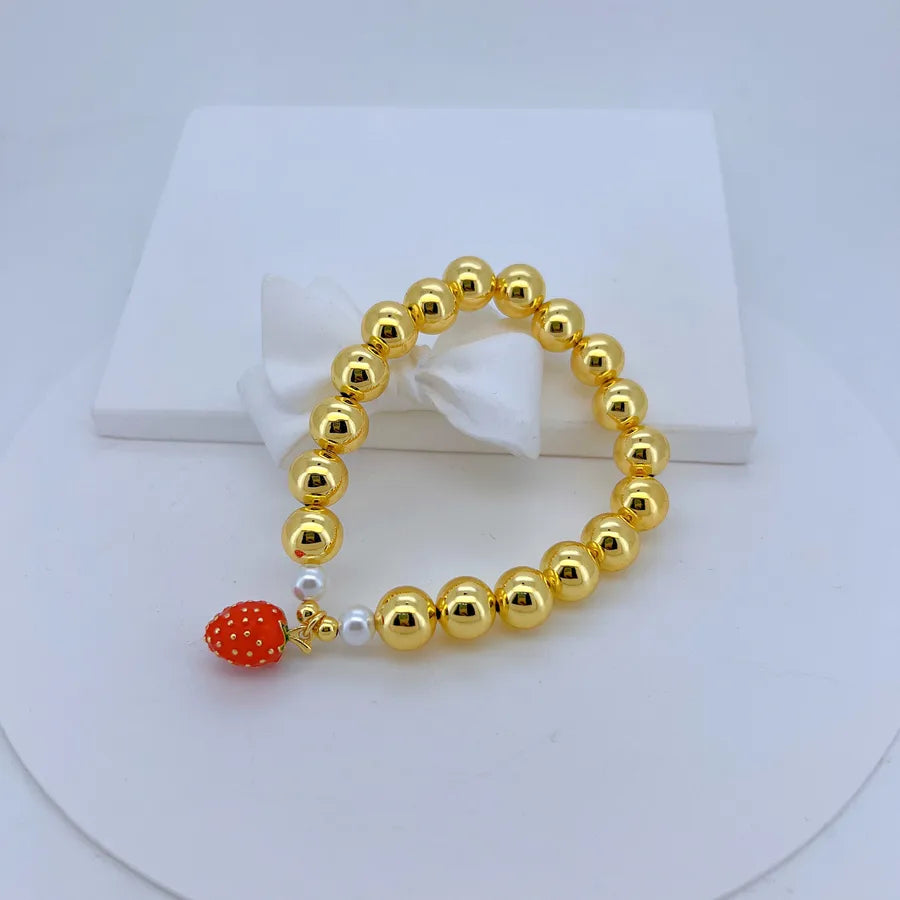 Casual Simple Style Strawberry 18K Gold Plated Acrylic Pearl Copper Beaded Chain Beaded Bracelets Wholesale