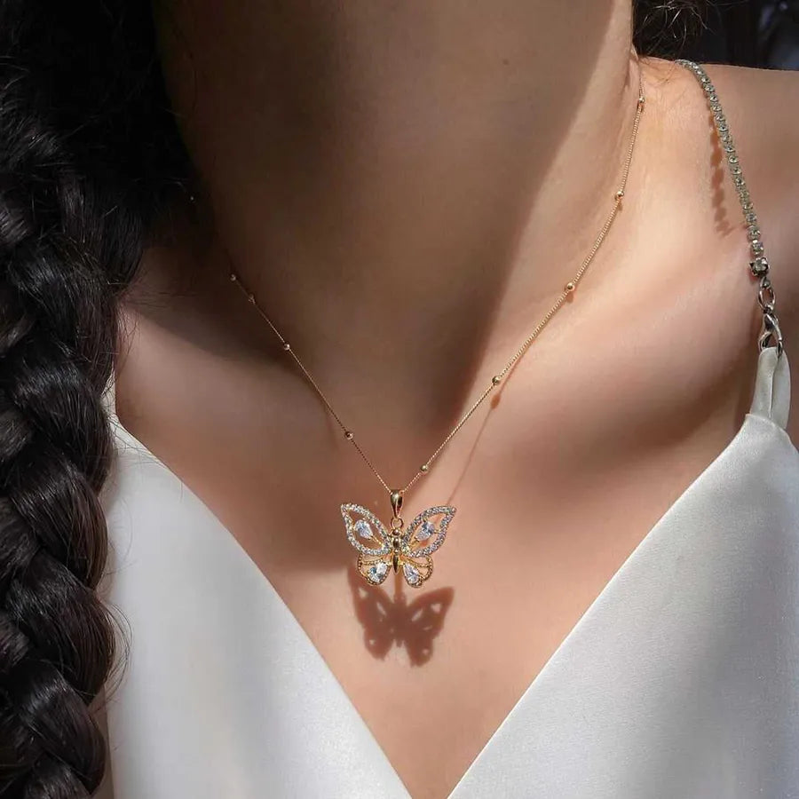 Vintage Style Butterfly Rhinestones Alloy snake chain Pendant Necklaces Wholesale