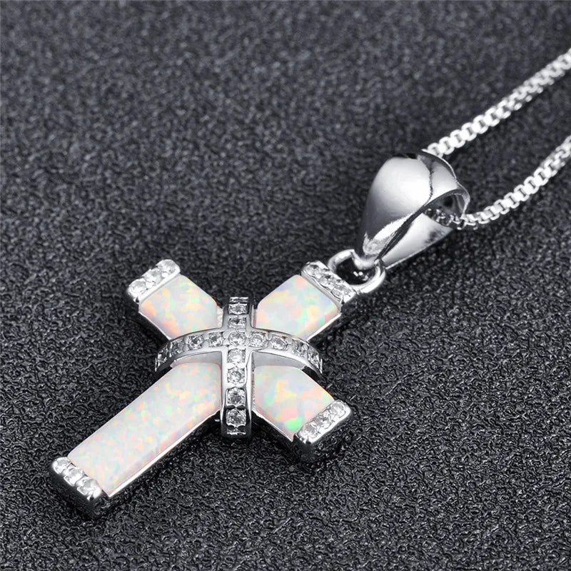 Simple Style Cross Imitation Opal Rhinestones Alloy box chain Pendant Necklaces Wholesale